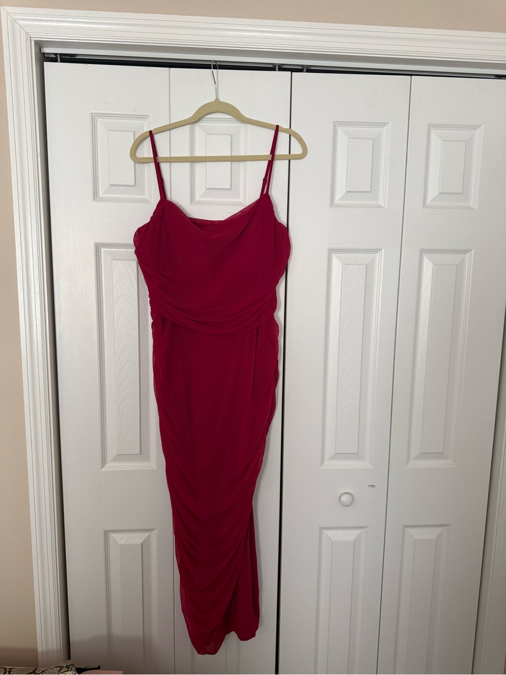 Express Red Spaghetti-Strap Ruched Women’s Midi Dress